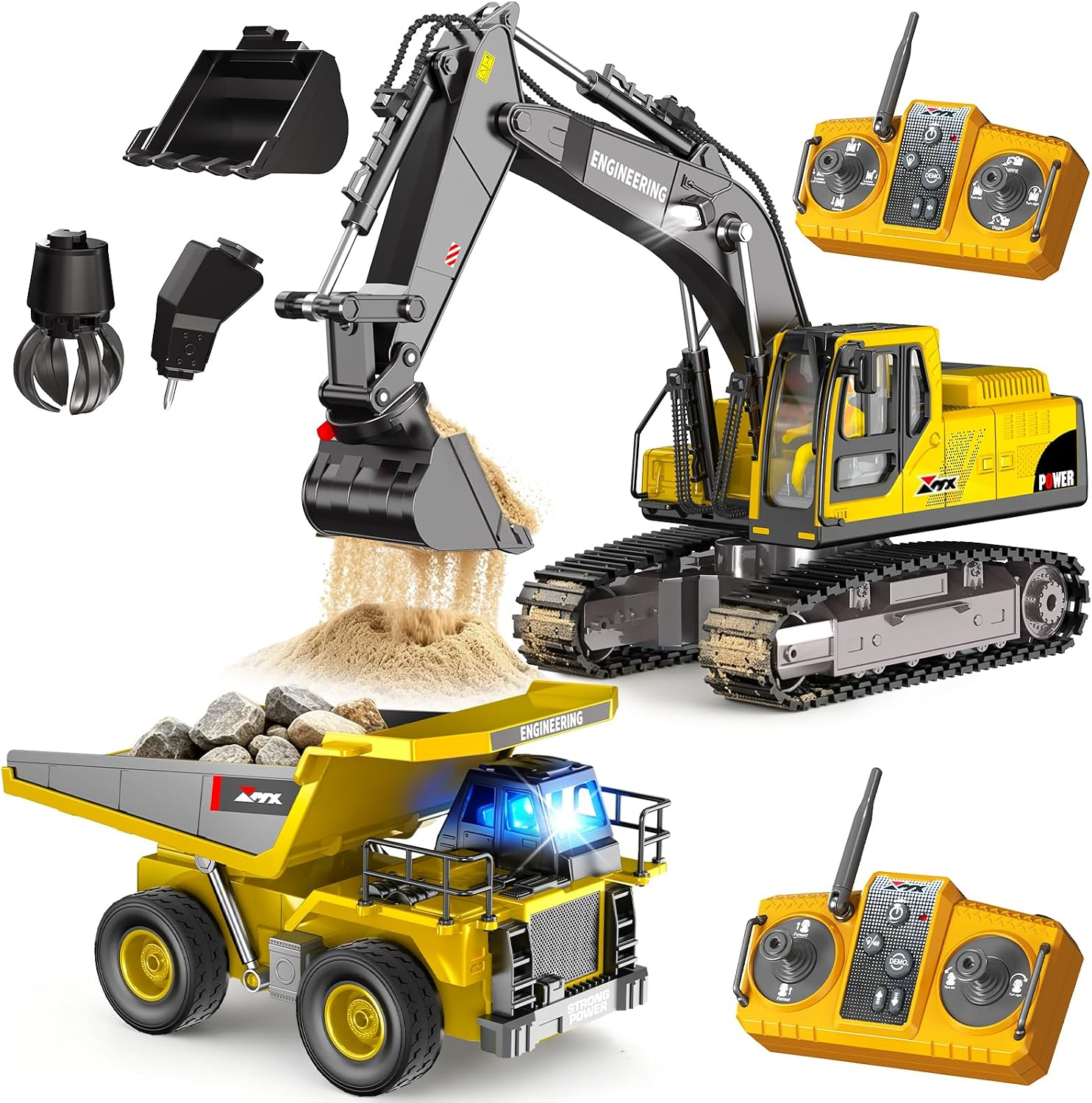 Remote Control Excavator and Dump Truck Toys Set, RC Construction Vehicles Toy with Alloy Bucket, Rock Breaker, Grapples, Lights and Sounds, Christmas Birthday Gifts for Boys Age 3+