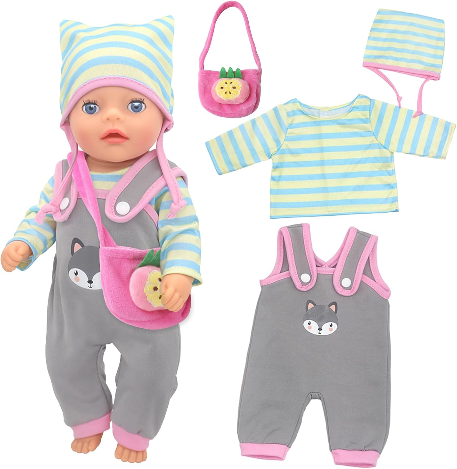 4 Pcs Baby Doll Clothes for 12-14 Inch Baby Dolls 30-35Cm New Baby Doll Koala Overalls Sweet Baby Doll Outfits Jumpsuit Top Hat and Bag, New Dolls Clothes Accessories Birthday Gift for Girls/Boys