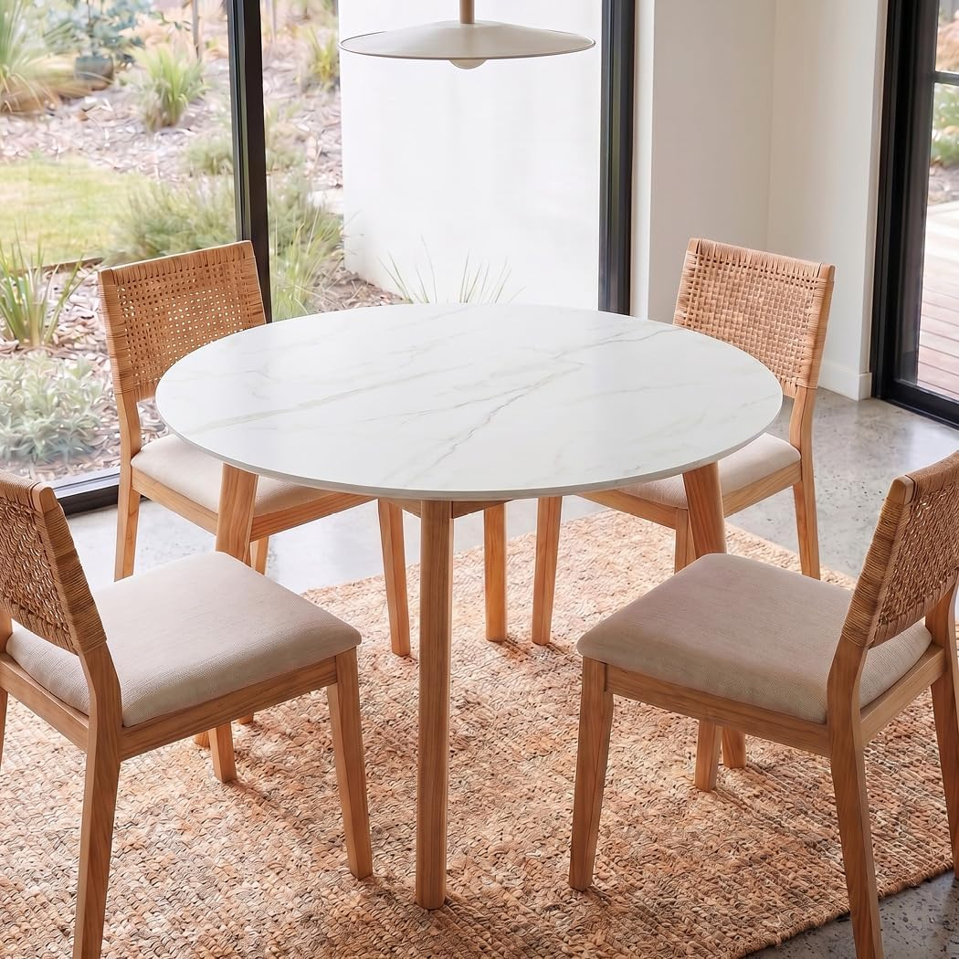round Dining Table, Oak Veneer or Melamine Top, Rubberwood Base, Anti-Slip, for Kitchen/Cafe/Restaurant, Partially Assembled(100Cm X 100Cm X 75Cm, White)
