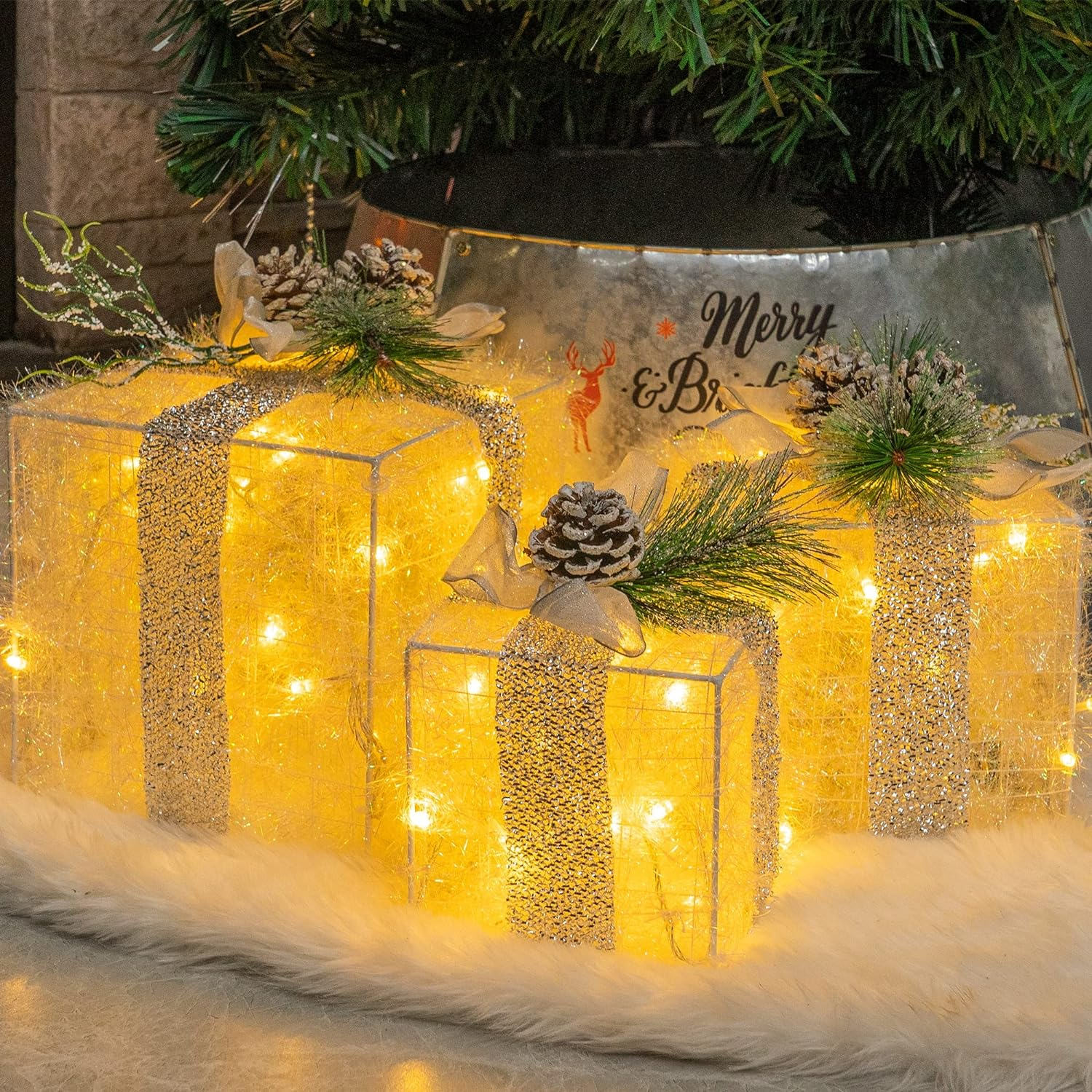Set of 3 Pre-Lit Christmas Gift Boxes 60 LED Warm White Lighted Decor Indoor Outdoor