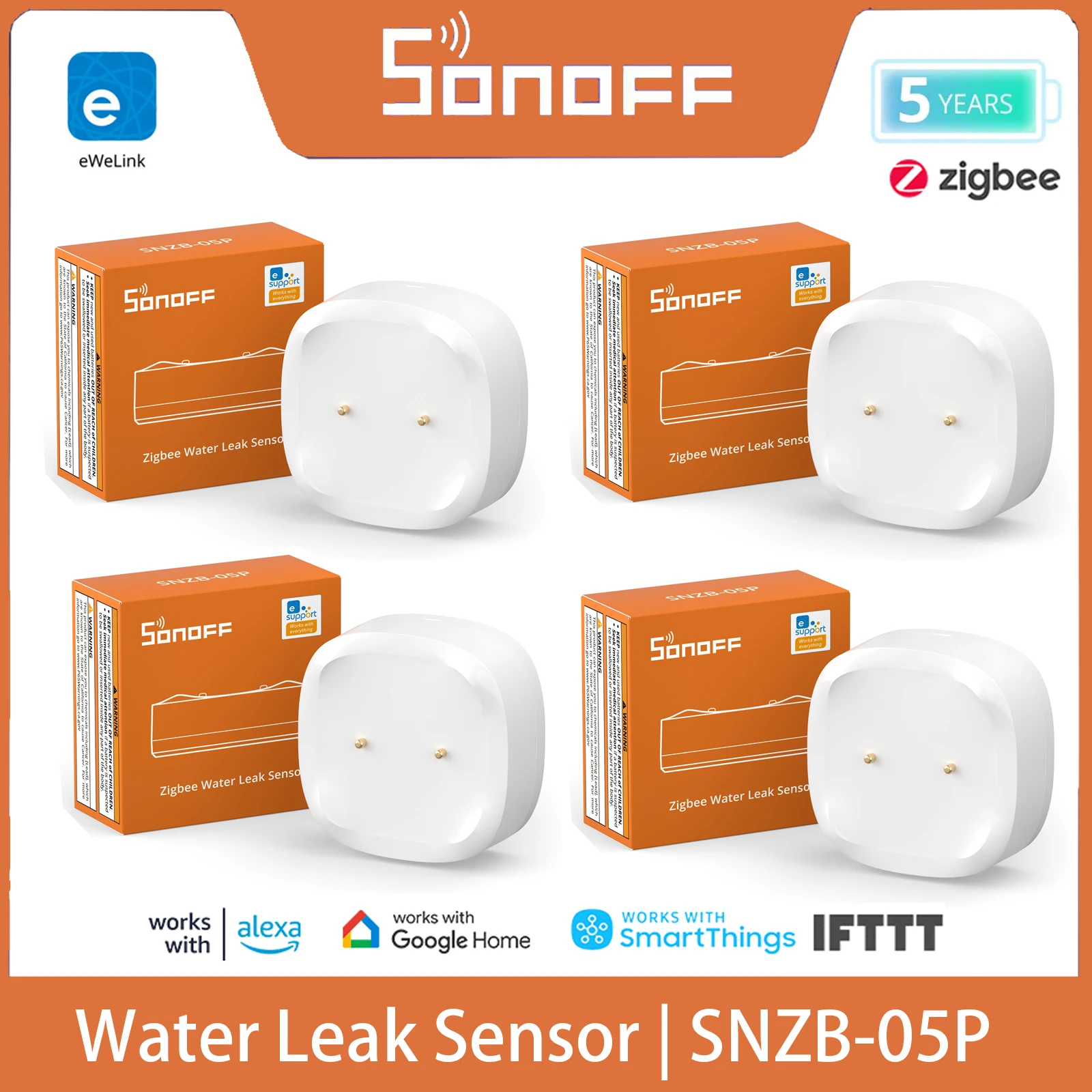 SNZB-05P Zigbee 3.0 Water Leak Detector 5 Years Lifetime IP67 Waterproof Smart Alarms Smart Home with Alexa Google Home