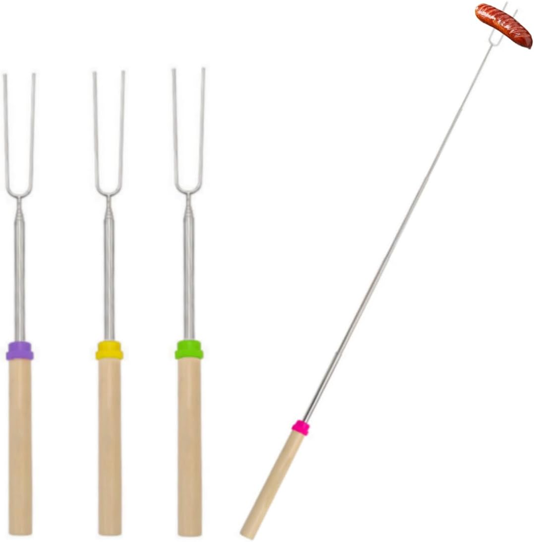 4 Pack Marshmallow Toasting Forks Stainless Telescoping Barbecue Forks Wooden Handle BBQ Roasting Sticks for Bonfire Camping