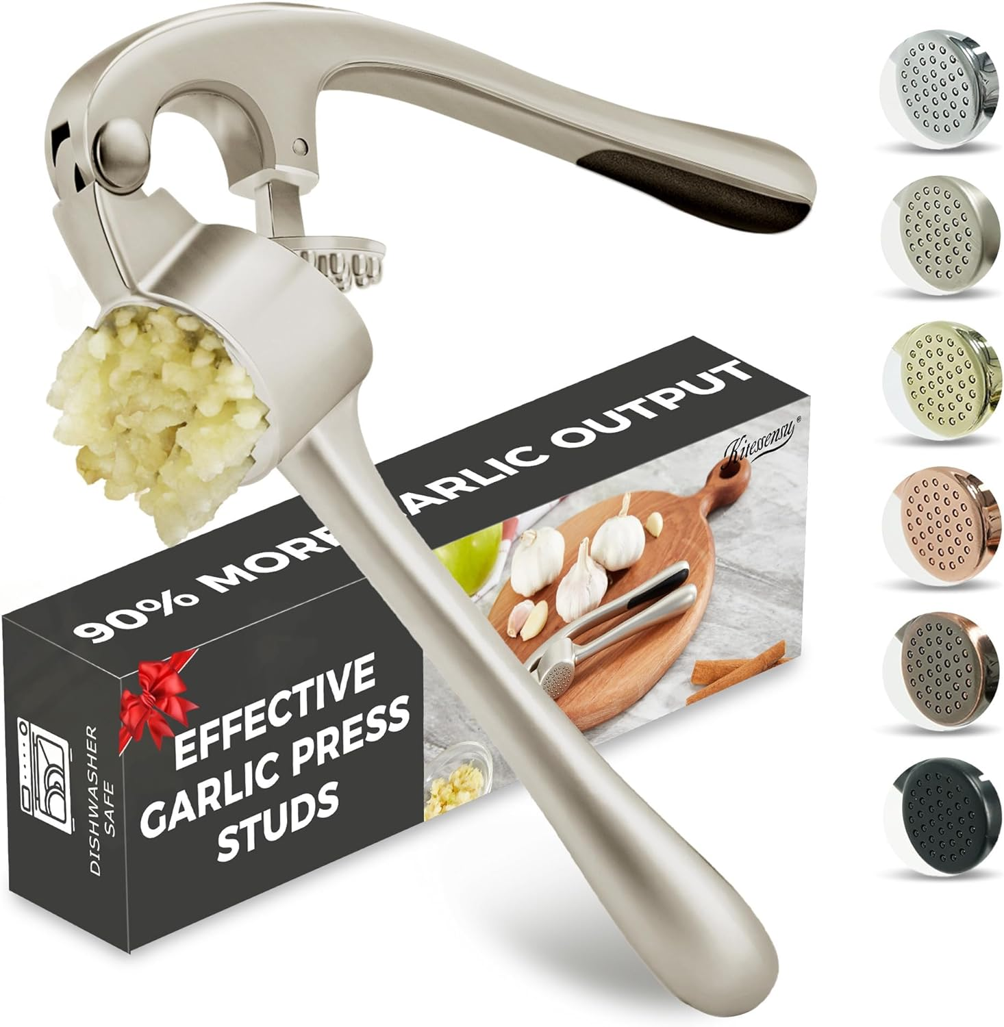 High Effective Garlic Press with Studs, Heavy Duty Garlic Mincer, Easy to Squeeze and Clean, Rust Proof, Ginger Crusher- Imperial Silver