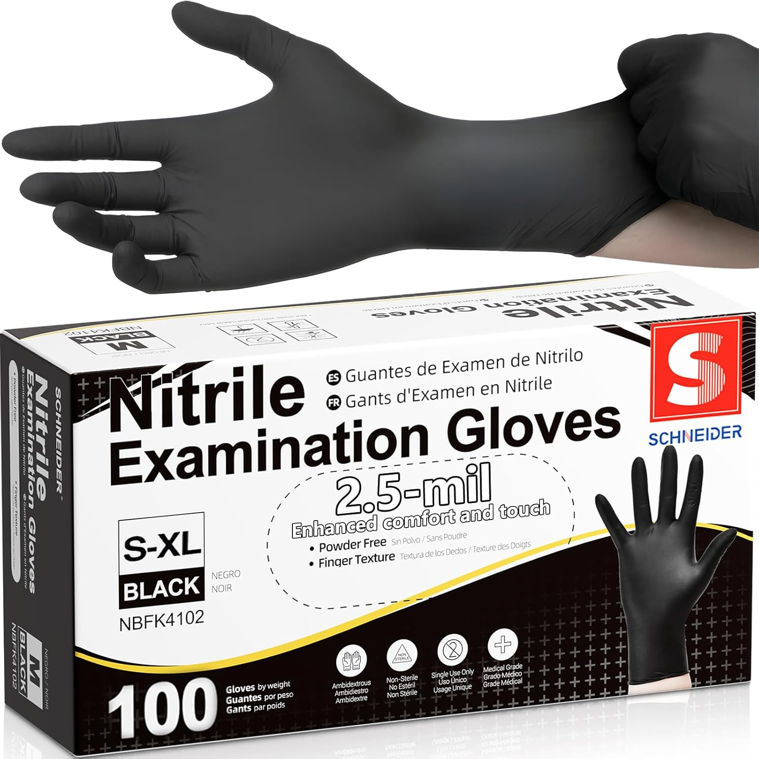 Schneider Medical Black Nitrile Gloves, Powder Free, Disposable Gloves Latex Free for Medical Exam, Food Prep & Cleaning