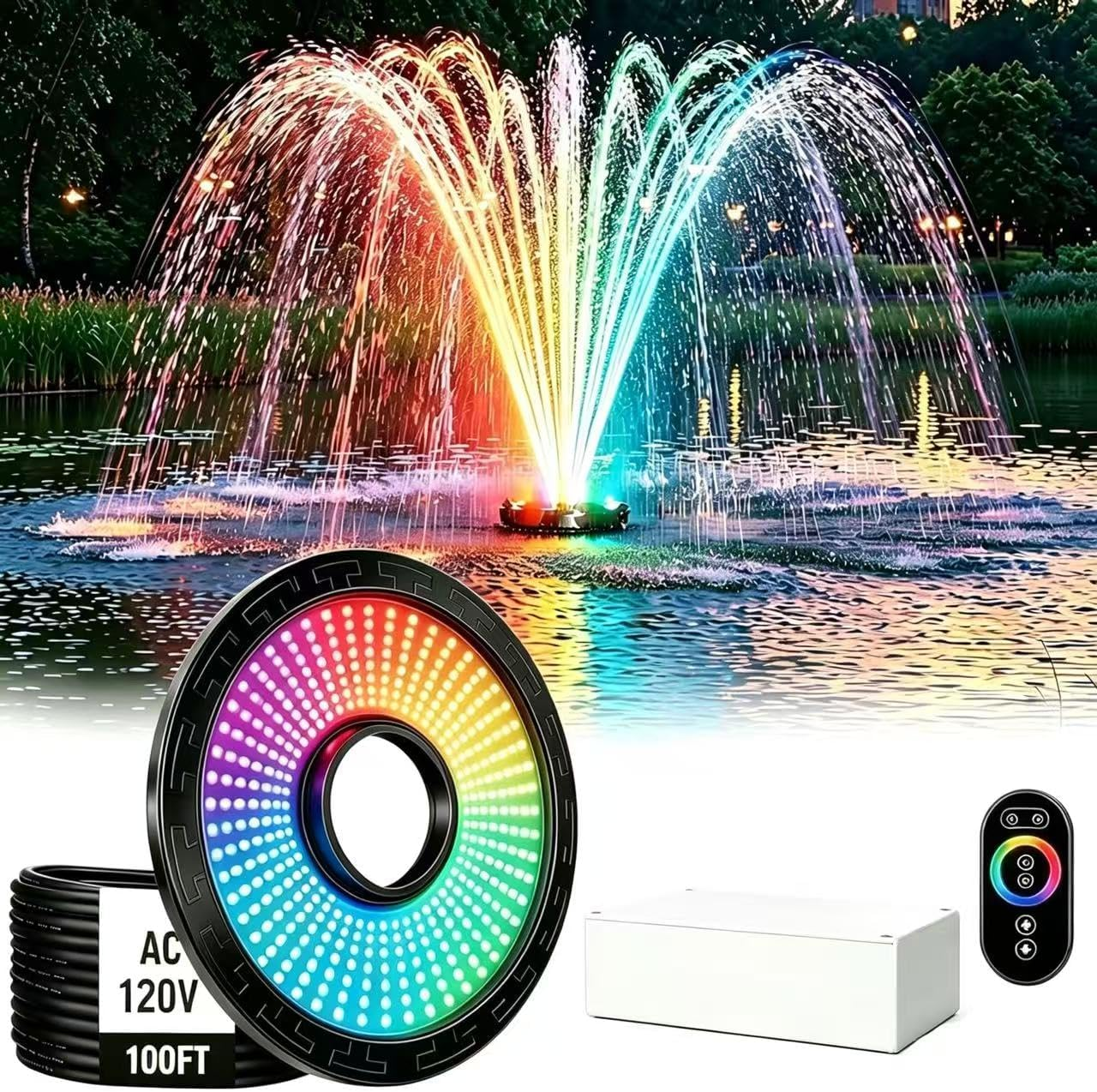 Pond Fountain Aerator Lights RGBW 20000LM LED Fountain Light with 100FT Power Cord AC 120V, 100Ft Cable with Controller IP68 Waterproof,Wireless Sync Control with Most Pond Aerators