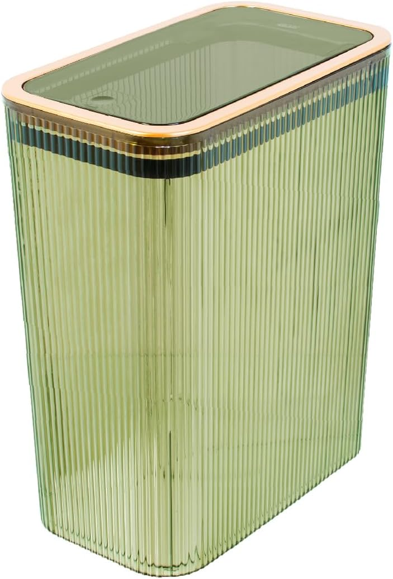 Bathroom Trash Can, 2.6 Gallon (10L) - Slim Plastic Waste Basket with Pop-Up Lid and Bag Ring - Colored Clear Trash Can for Bedroom, Office, College Dorm - Green