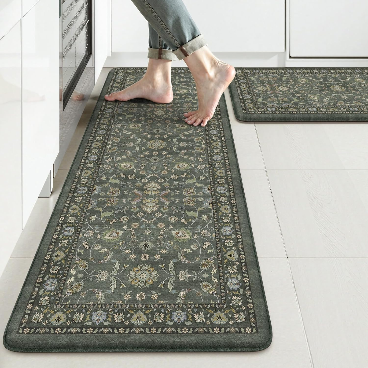 Comfort Kitchen Mats for Floor Cushioned anti Fatigue,Boho Vintage Kitchen Rugs Sets of 2 Non Slip,Memory Foam Kitchen Floor Mat Carpet for Laundry Office Home Decor,Dark Green