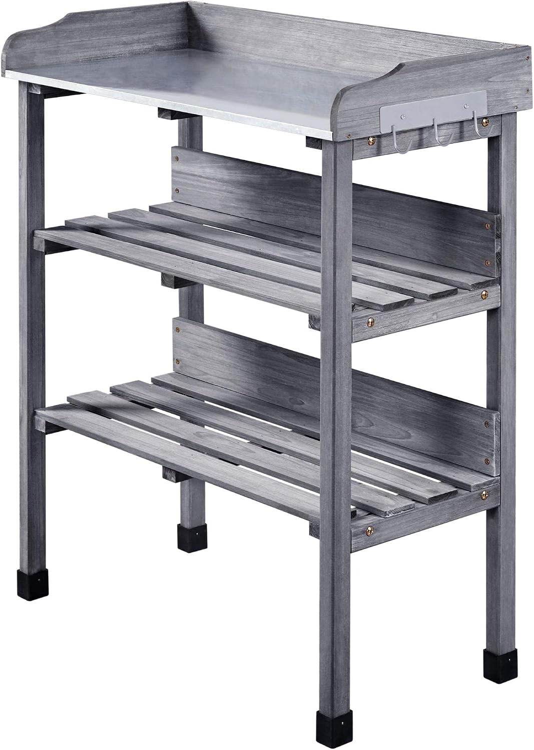 Potting Workbench, 3-Layer Slatted Shelf Germination Table, Gray | Made of Natural Fir| Wth Metal Surface | with Galvanised Steel Metal Tabletop and Storage Shelf | for Patio, Yard, Lawn