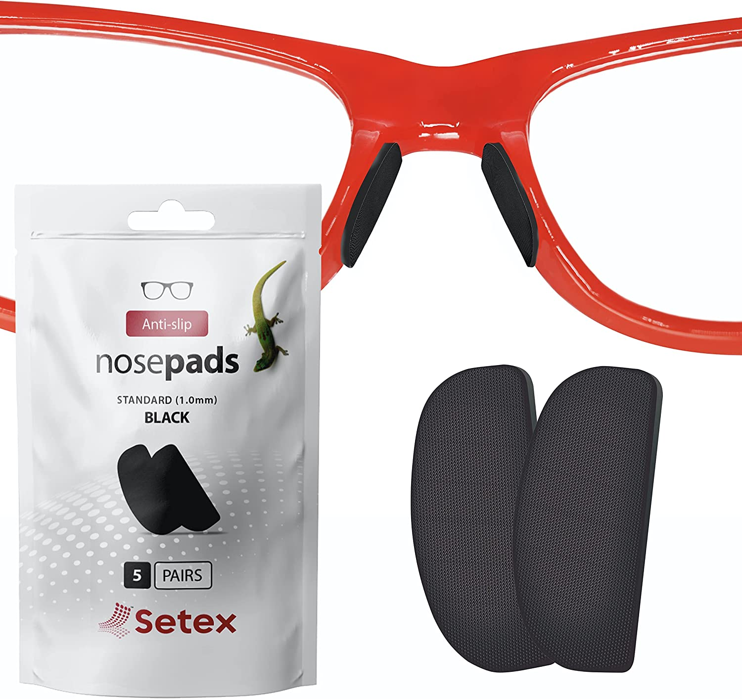 Setex Gecko Grip 1Mm anti Slip Eyeglass Nose Pads, (5 Black Pair) USA Made, 2500 Innovative Microstructured Fibers per Nose Pad, 1Mm X 7Mm X 16Mm