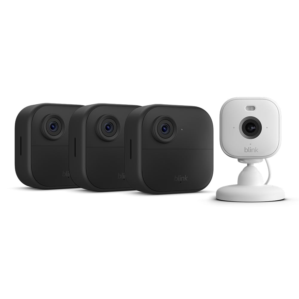 New Blink Camera (Outdoor 4) + Blink Mini 2 White | Newest Model | Wireless HD Smart Security Camera, Two-Year Battery Life, Enhanced Motion Detection, Works with Alexa | 3-Camera System
