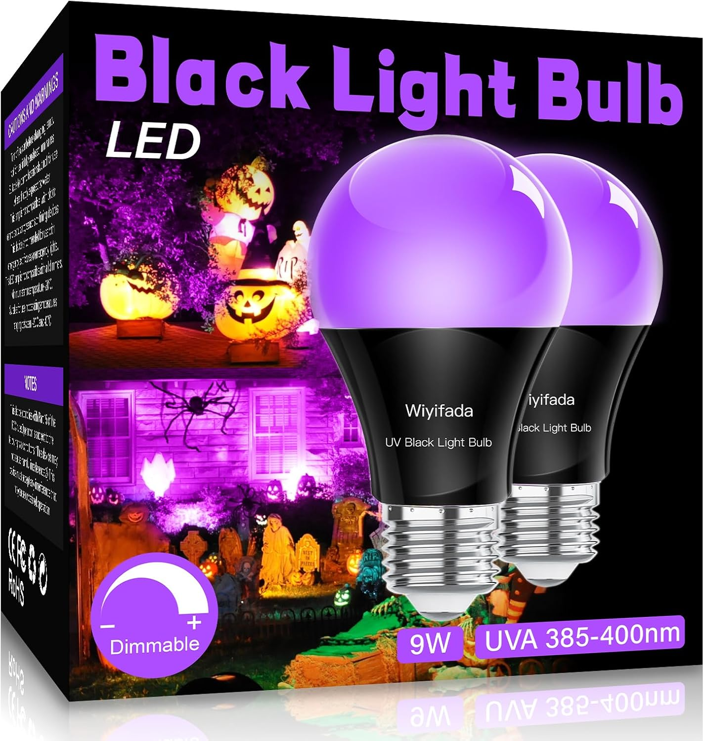 LED Black Light Bulbs 2 Pack, A19 9W UV Black Light Replace up to 100W, 120V 