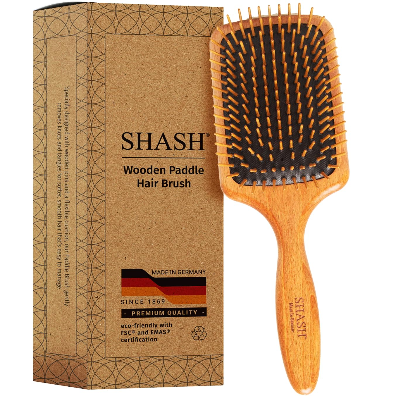 since 1869 Made in Germany Wooden Paddle Brush - Gently Detangles, Styles, Conditions Hair with Minimal Frizz and Breakage - Safe for All Hair Types, Wet or Dry - Eco-Sourced Wood