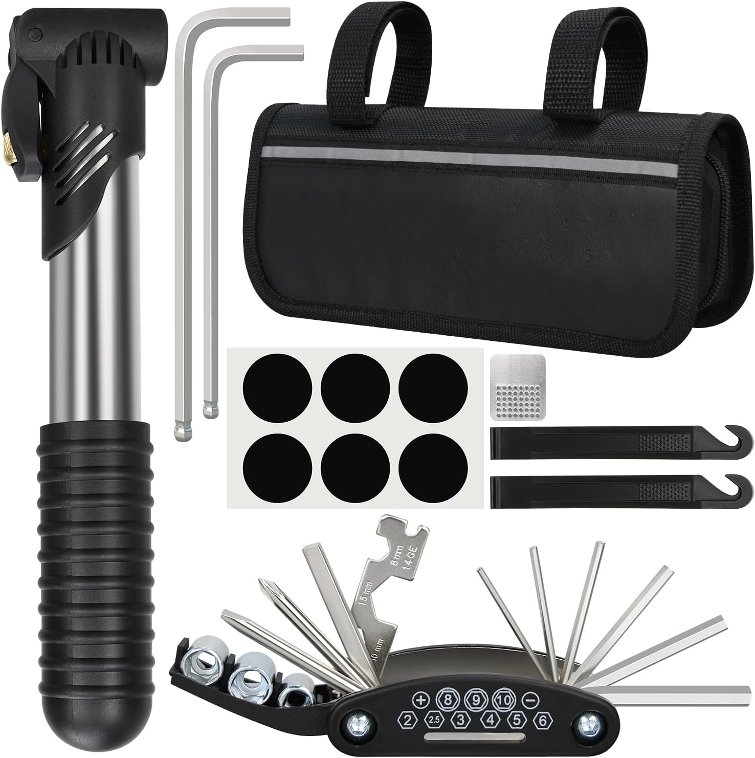 Bike Repair Kit, Bicycle Repair Bag with Tire Pump, Bike Tool Kit for Camping Tr