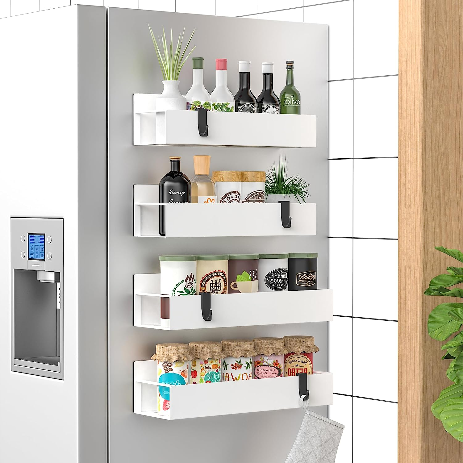 4 Pack Magnetic Spice Storage Rack Organizer for Refrigerator and Oven, White Fridge Organizers and Storage