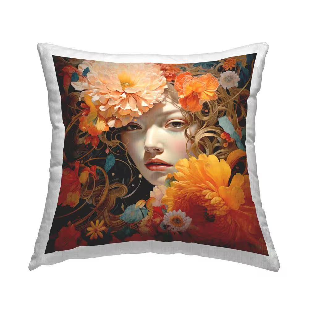 Gazing Girl and Florals Multi-Color Floral Polyester 18 In. X 18 In. Throw Pillow