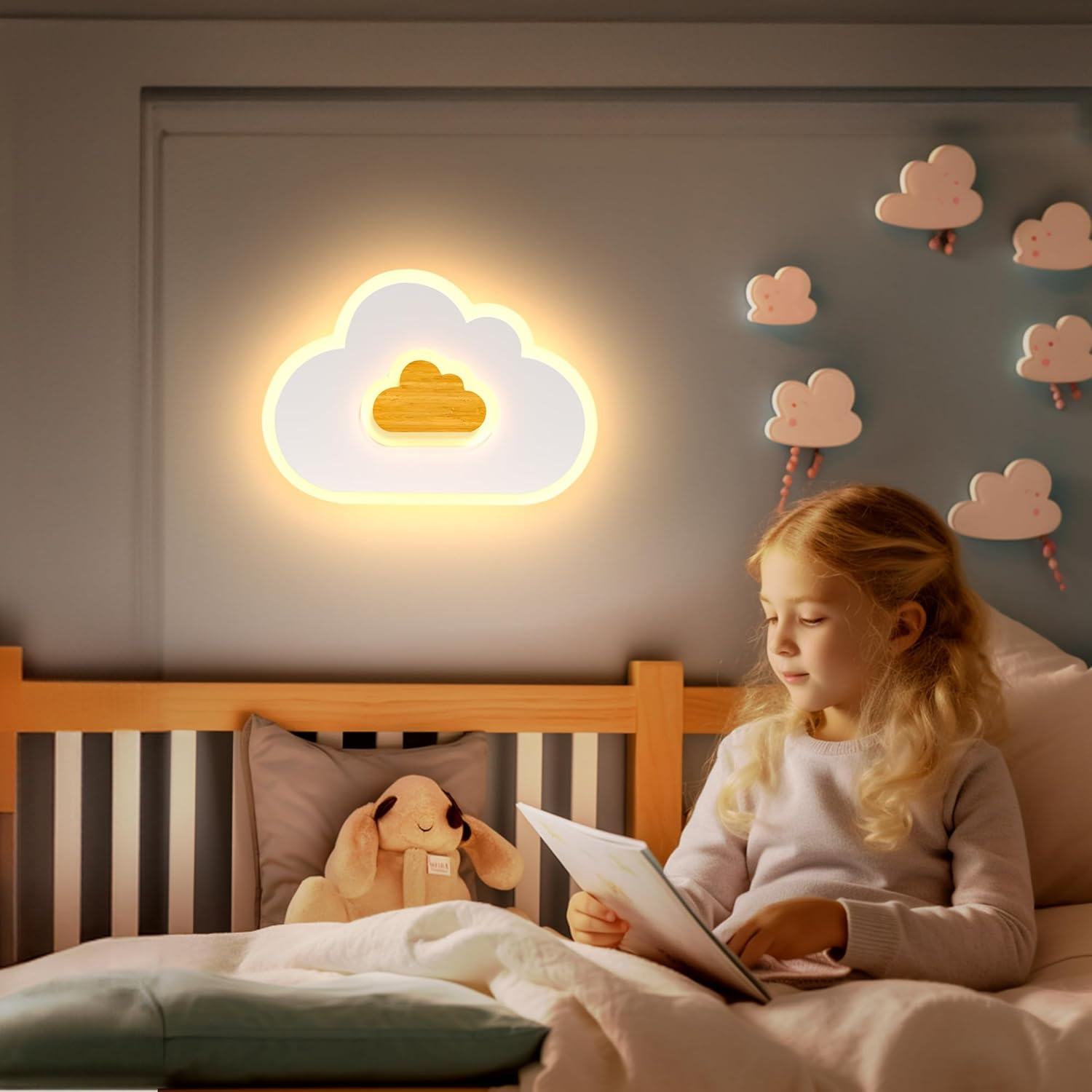 Plafoniera LED Camera Da Letto Cameretta Nuvole Lampada Da Soffitto Plafoniera per Bambini Applique Da Parete in Legno 17W 3000K Plafoniera per Cameretta Dei Bambini, Stanza Dei Giocattoli, 30Cm
