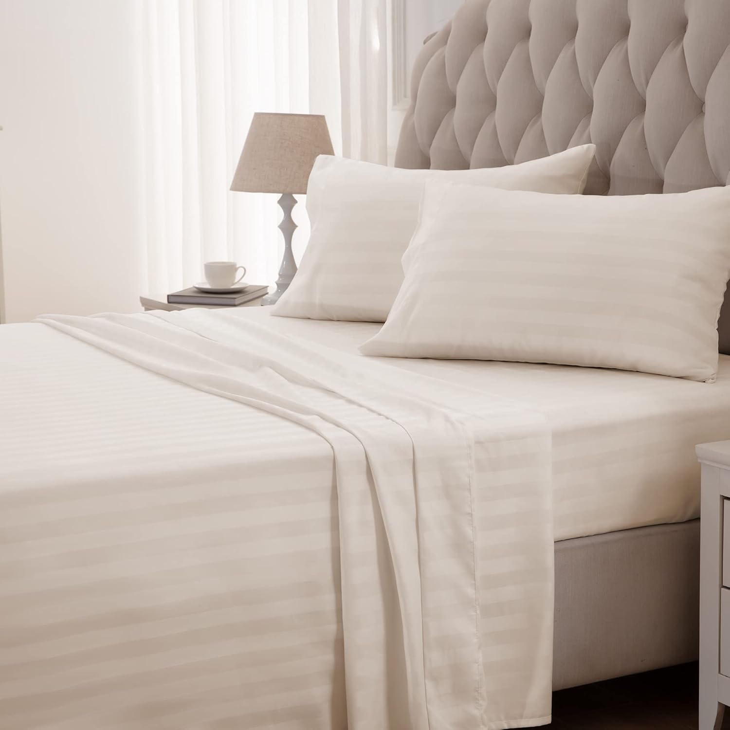 Striped Cooling Sheets Set King Size - Fitted Flat Sheet & Pillowcase Sets 4 Piece - Super Soft Stripe Bed Sheet, Easy Care, Deep Pocket (Beige, King)