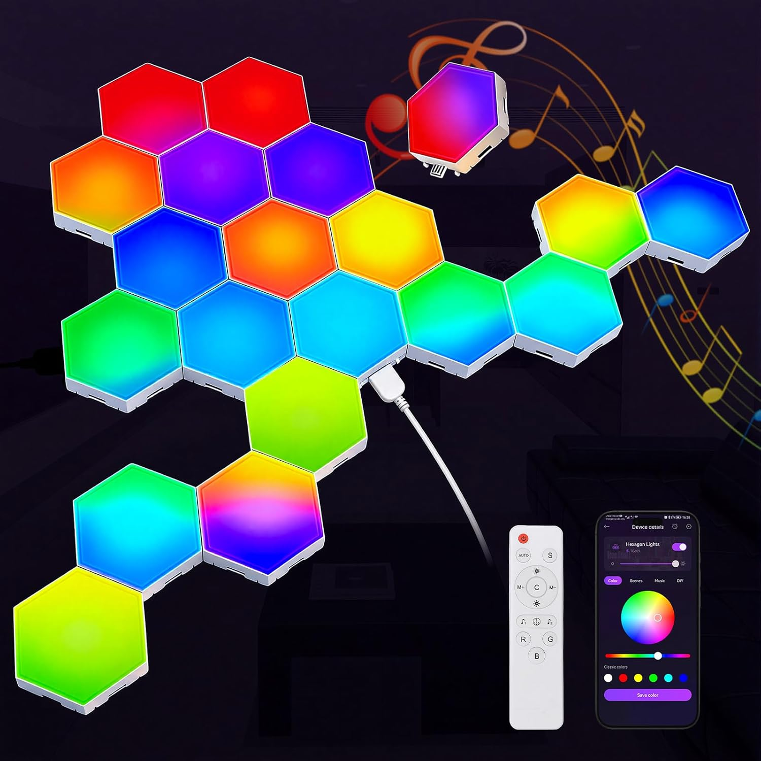 Hexagon LED Lights - 20 Pack RGB Wall Panels, Modular Smart Gaming LED Panel with APP, Remote & Music Sync, Honeycomb Hexa Light for Bedroom, Party Decor, Kids, Adults, Gifts
