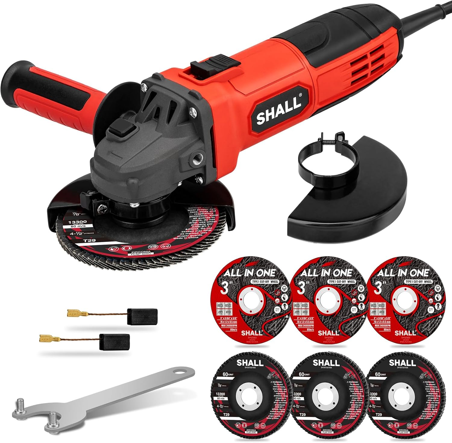 4-1/2 Inch 11000 RPM Angle Grinder 4Amp with 2 Guards, 3 Cutting Discs, 3 Grinding Wheel, Non-Slip Handle, Wrench and Carbon Brush for Metal and Wood
