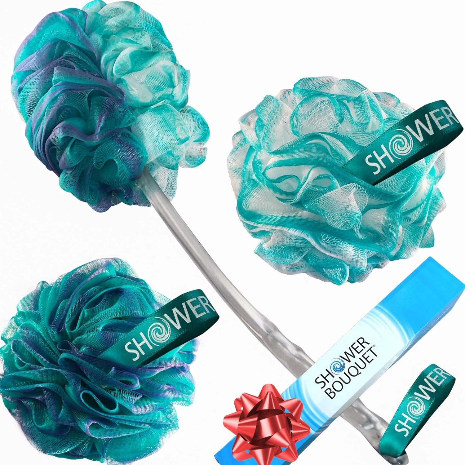 2-Sided-Loofah-Back-Scrubber & Bath-Sponge Set // 1-Long-Handle-Back-Brush plus 2-Extra-Large 75G Soft Mesh Poufs, Men & Women - Exfoliate with Full Pure Cleanse in Bathing Accessories