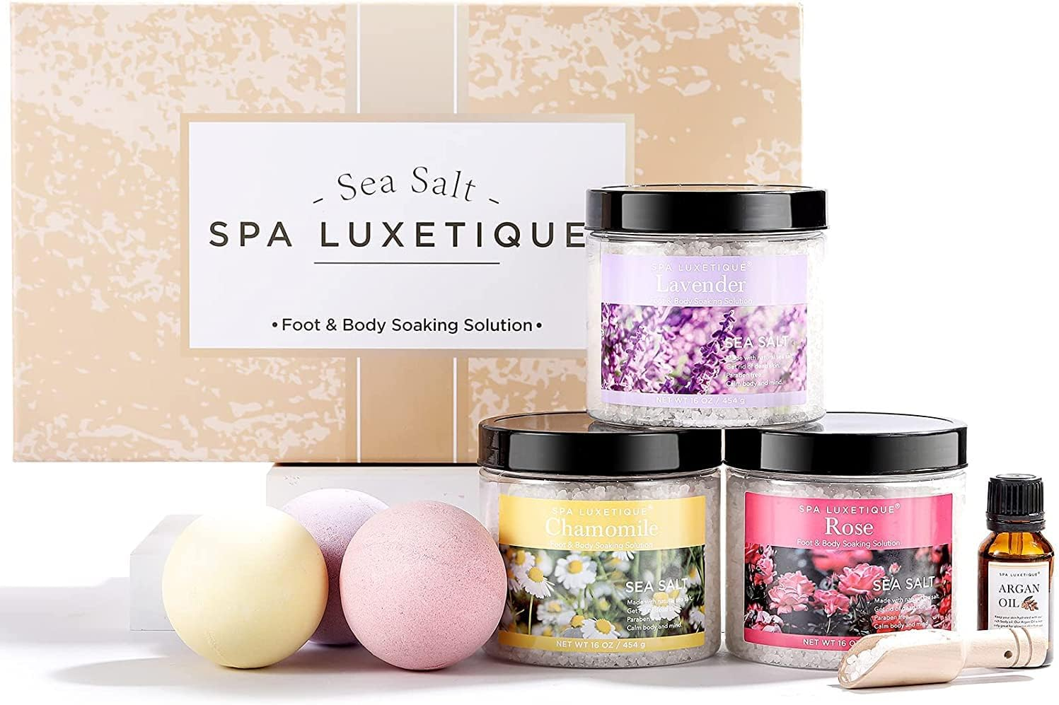 Spa Luxetique Bath Salts, 8Pcs Bath Salts Gift Set with Argan Oil, Bath Bombs, Wooden Scoop, Epsom Salt for Soaking in Lavender, Rose, Chamomile Scent, Mother'S Day Gifts
