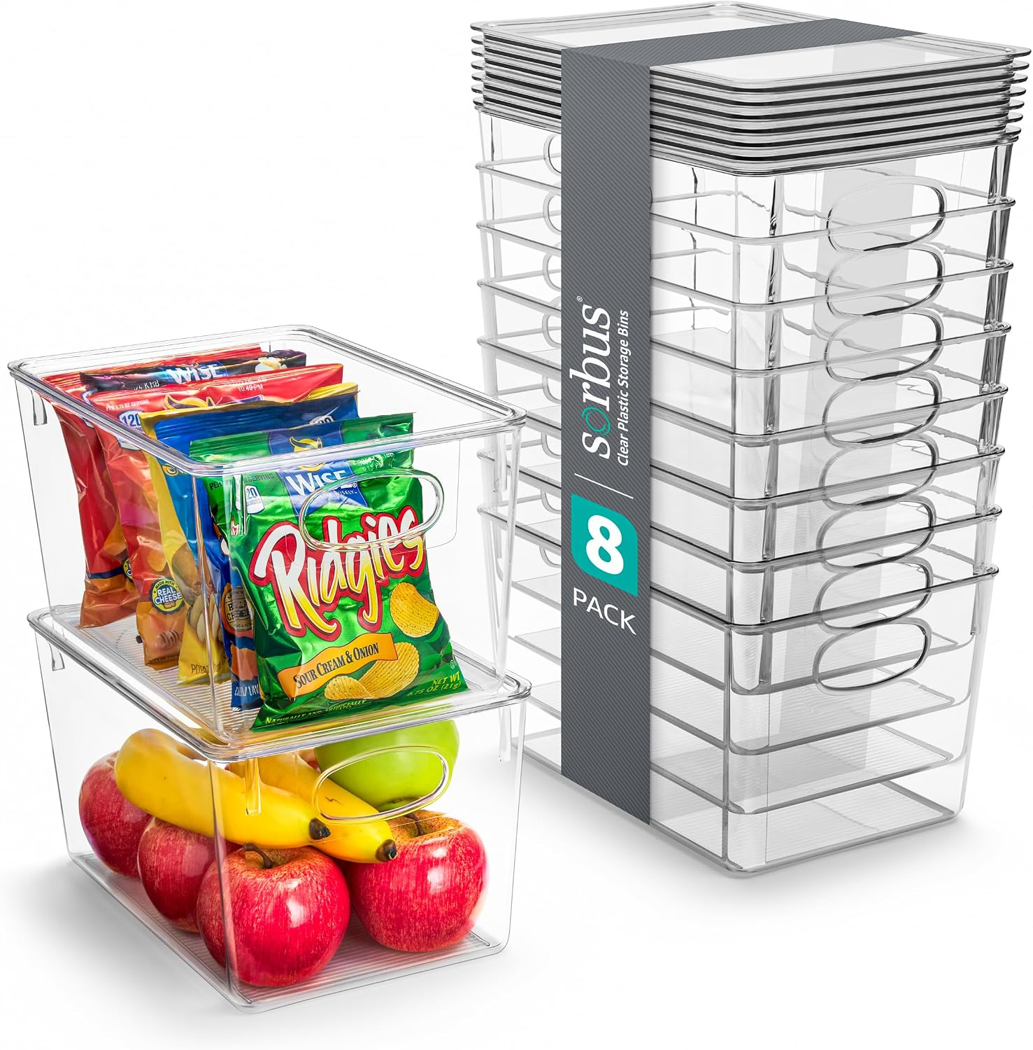 Large Plastic Storage Bins with Lids - for Kitchen Organization, Pantry Organizers and Storage, Fridge Organizer, Cabinet Organizer, Refrigerator Organizer Bins - Clear Storage Bins (8 Pack)