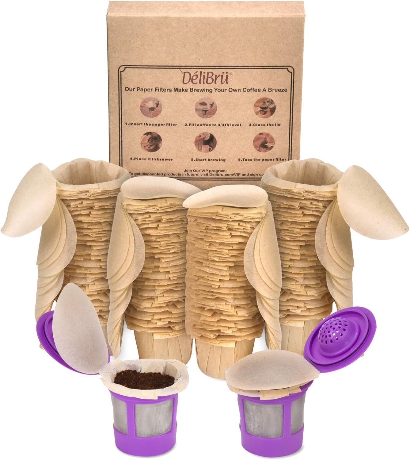 Delibru Unbleached K Cup Filters with Lid for Reusable Coffee Pods - Pack of 300 - Keurig Coffee Filters for K Cup - Natural and Compostable