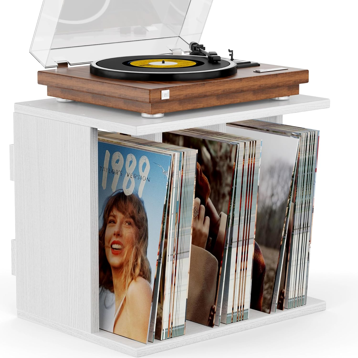 Emfogo Record Player Stand with Vinyl Record Storage, Turntable Stand Wall Mount up to 80-100 Albums, 3-Compartment Vinyl Record Holder, White