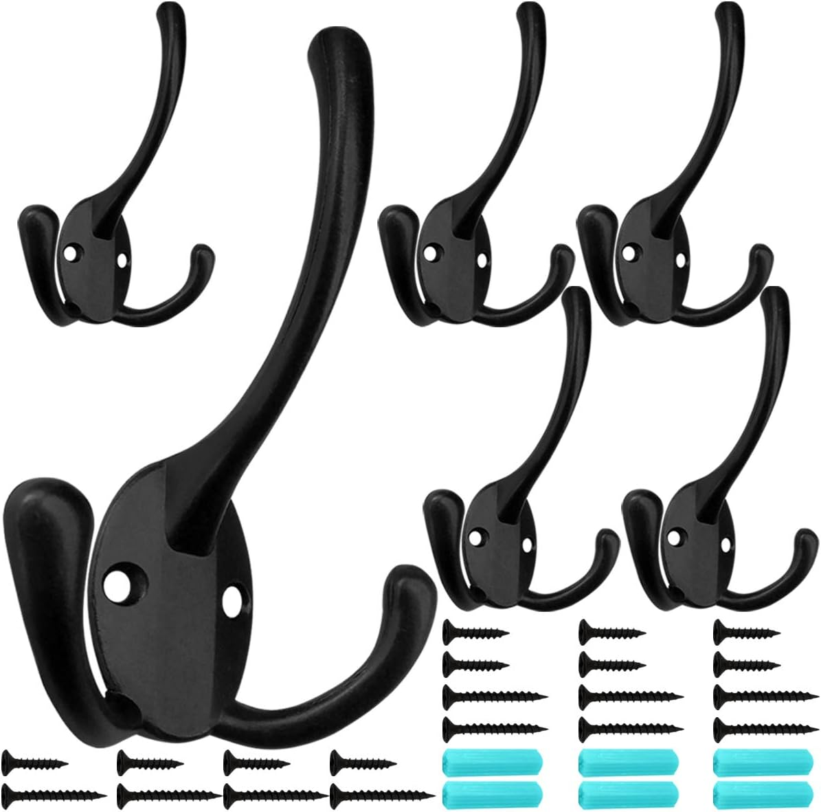 Ibosins 6 Pack Big Heavy Duty Three Prongs Coat Hooks Wall Mounted with 24 Screws (Two Types of Screws Included) Retro Double Utility Rustic Hooks for Thick Coat, Big Heavy Bags (6 Pack)