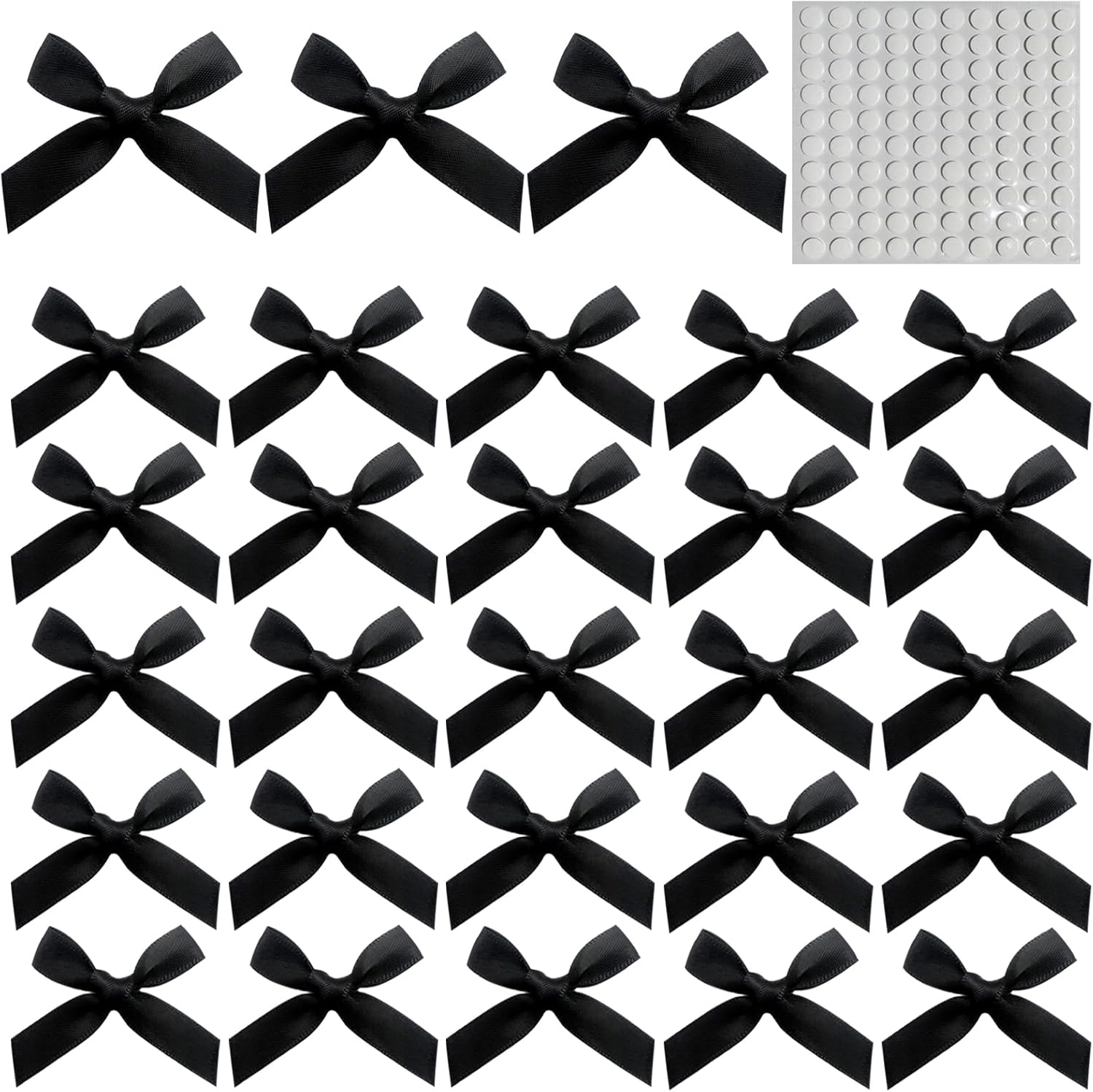 100pcs Mini Satin Bows for Crafts,4x4cm Black Small Bows with 100 Pcs Double Sided Sticky Dots for Cheer Pins DIY Crafts Gift Wedding Party Sewing Scrapbooking