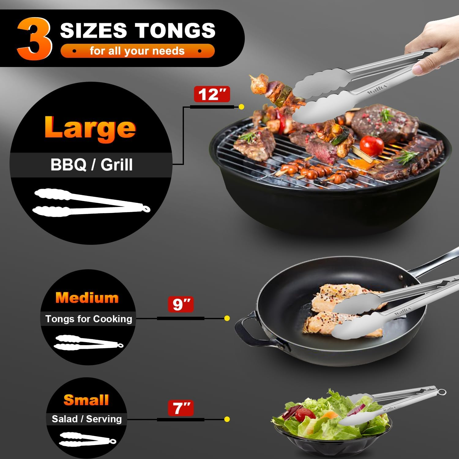 Walfos All Metal Kitchen Tongs for Cooking, BBQ Grilling, 600℉ Heat Resistant... - Picture 7 of 12