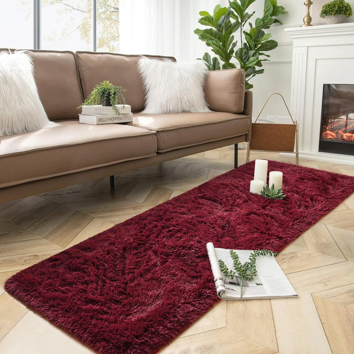 Fluffy Red Runner Area Rugs, 2X6 Ft Bedside Rug for Bedroom