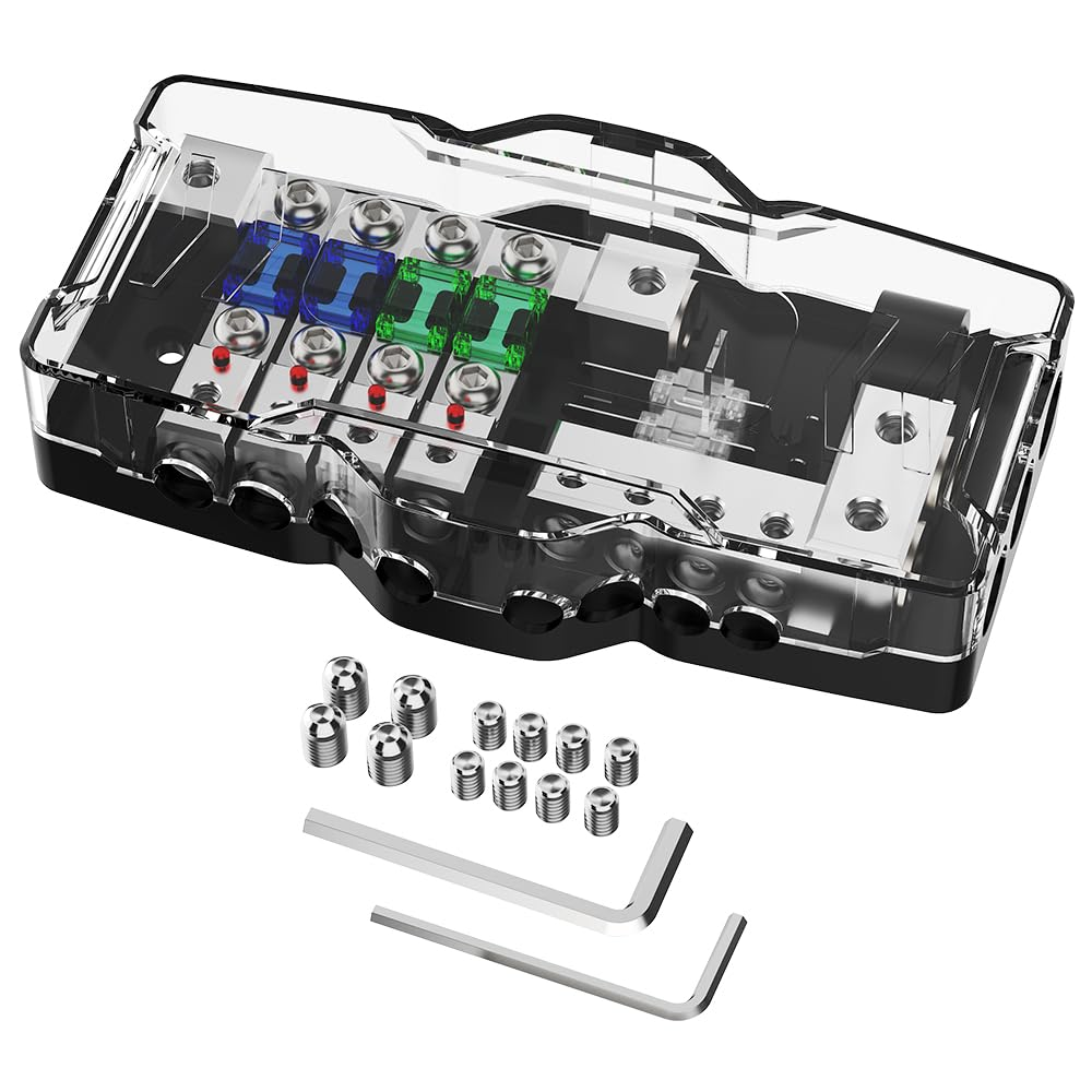 Fused Distribution Block 4Way MIDI (Mini-Anl) Distribution Block Car Audio 12V 0/4 Gauge Fuse Distribution Block with Ground for Auto Boat UTV Stereo Amp