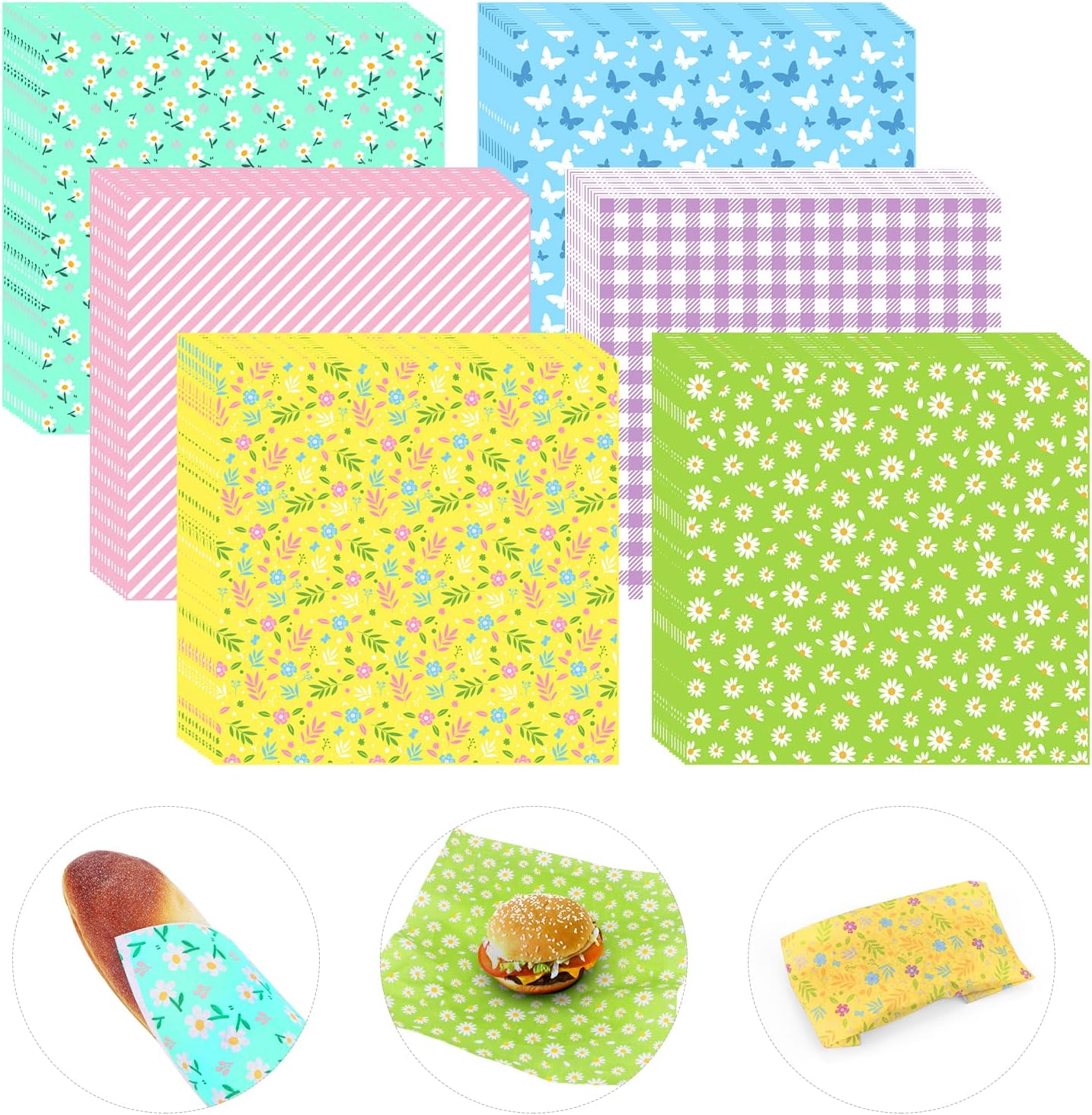 240Pcs Spring Wax Paper Dry Waxed Deli Paper Sheets 12X12 Inch Sandwich Wrap Paper Floral Parchment Sheets Basket Liner Food Paper Sheets for Mother'S Day Home Kitchen Picnic Spring Tea Party Supplies