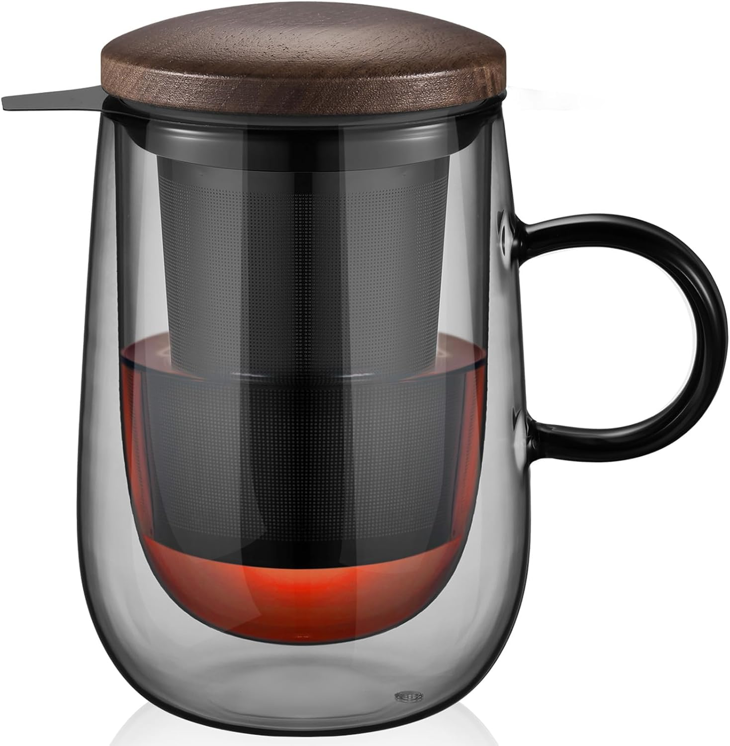 Tea Infuser Mug 14.5Oz Glass Tea Cup with Removable Stainless Steel Infuser and Lid, Double-Walled Black Glass Tea Cup Teacup for Loose Leaf Tea, Birthday for Parents Dad Mum Friends Office