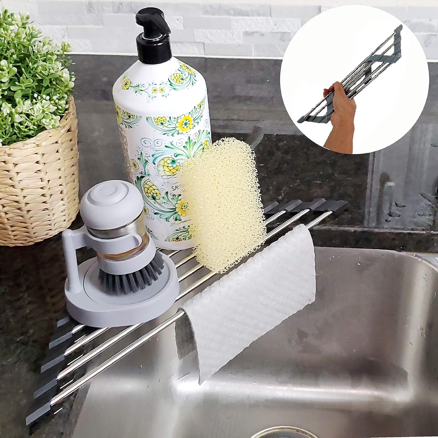 Roll up Sponge Holder for Counter, Sink Organizer for Kitchen, Bathroom, Laundry Room, 304-Stainless Steel Sink Organizer for Sponge, Brush, Scrubber, Soap Dispenser Holder, Dish Drying Rack(Black)