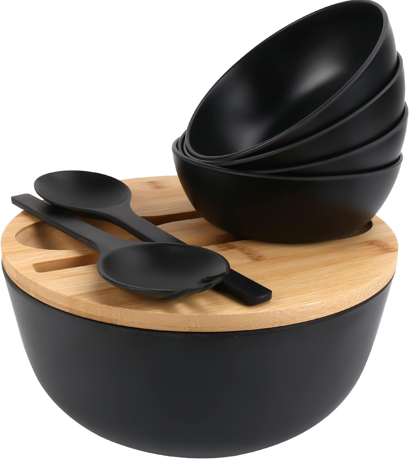 Salad Bowls, Large Salad Bowl with Lid and Servers, Bamboo Salad Bowl Set with 4Pack Small Serving Bowls, 9.8Inches Solid Kitchen Bowl for Fruits, Vegetables and Pasta...(Black)