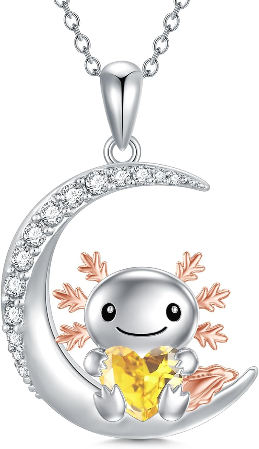 Axolotl Moon Necklace 925 Sterling Silver Cubic Zirconia Pendant Gifts for Women