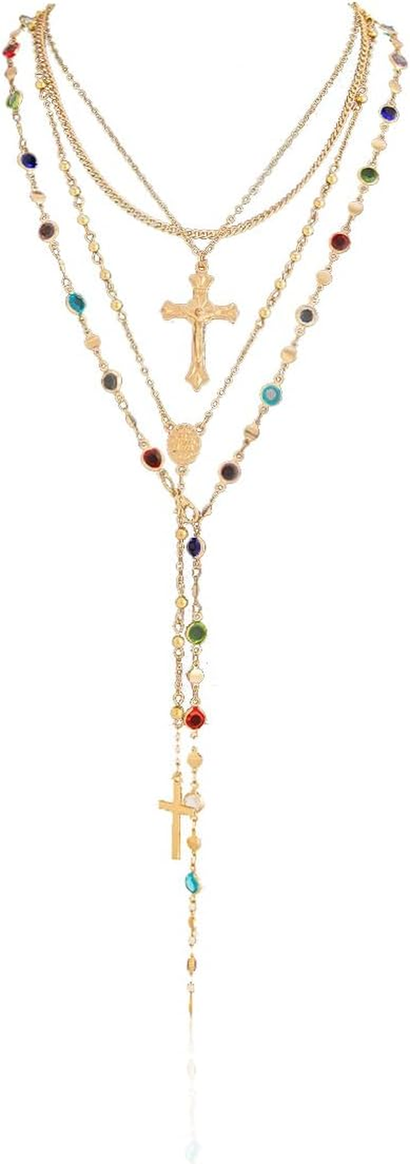 Gold Color Cross Pendant Necklace Set for Women,Dainty Big Crystal Cross Imitation Pearl Layered Chain Necklace Summer Party Jewelry