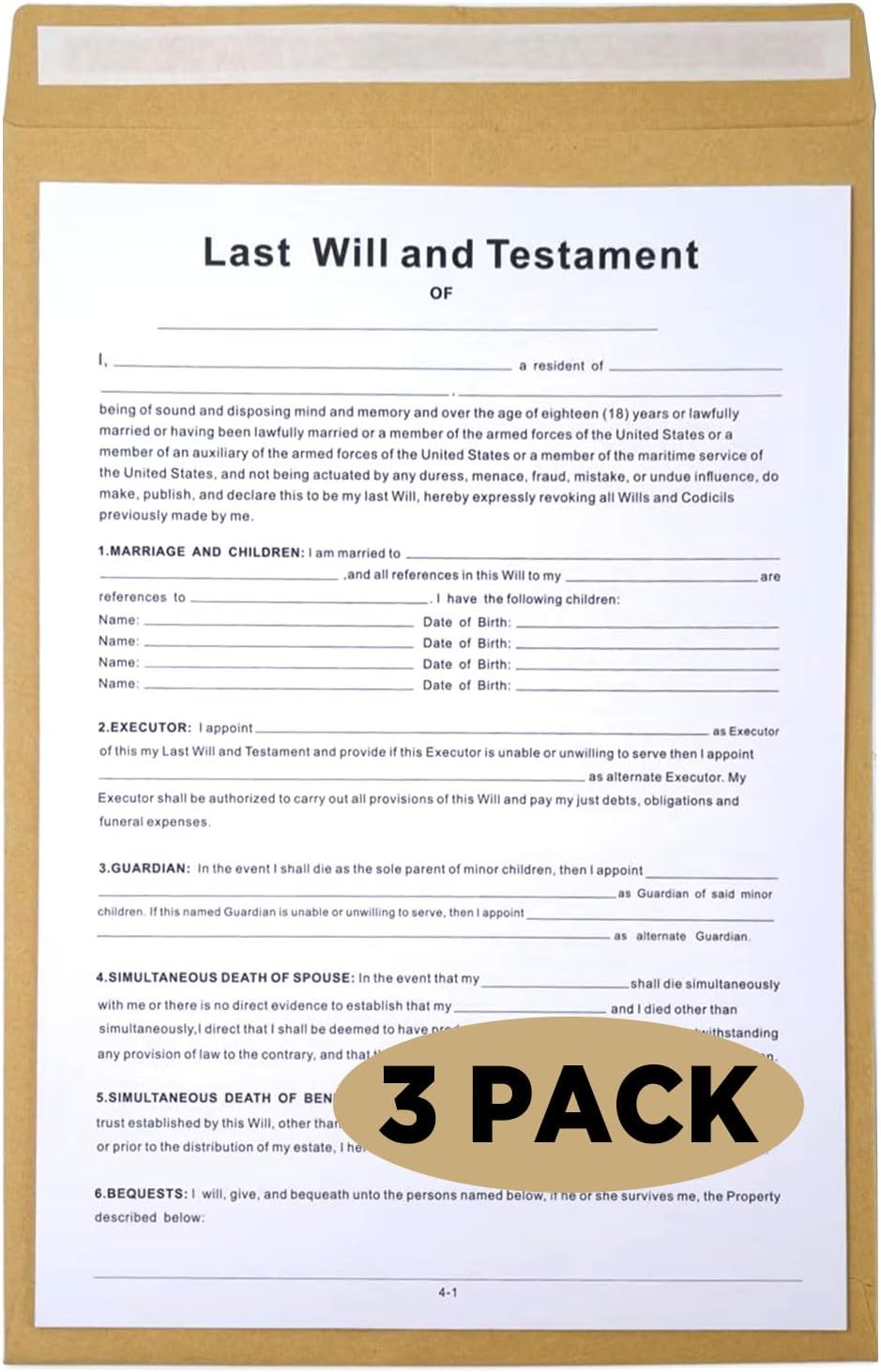 Last Will and Testament Kit,  Simple Will Forms – Includes3 Blank Forms, 1 Guide, & 3 Envelopes, Do It Yourself Legal Will Kit, Blank Legal Last Will Testament Forms