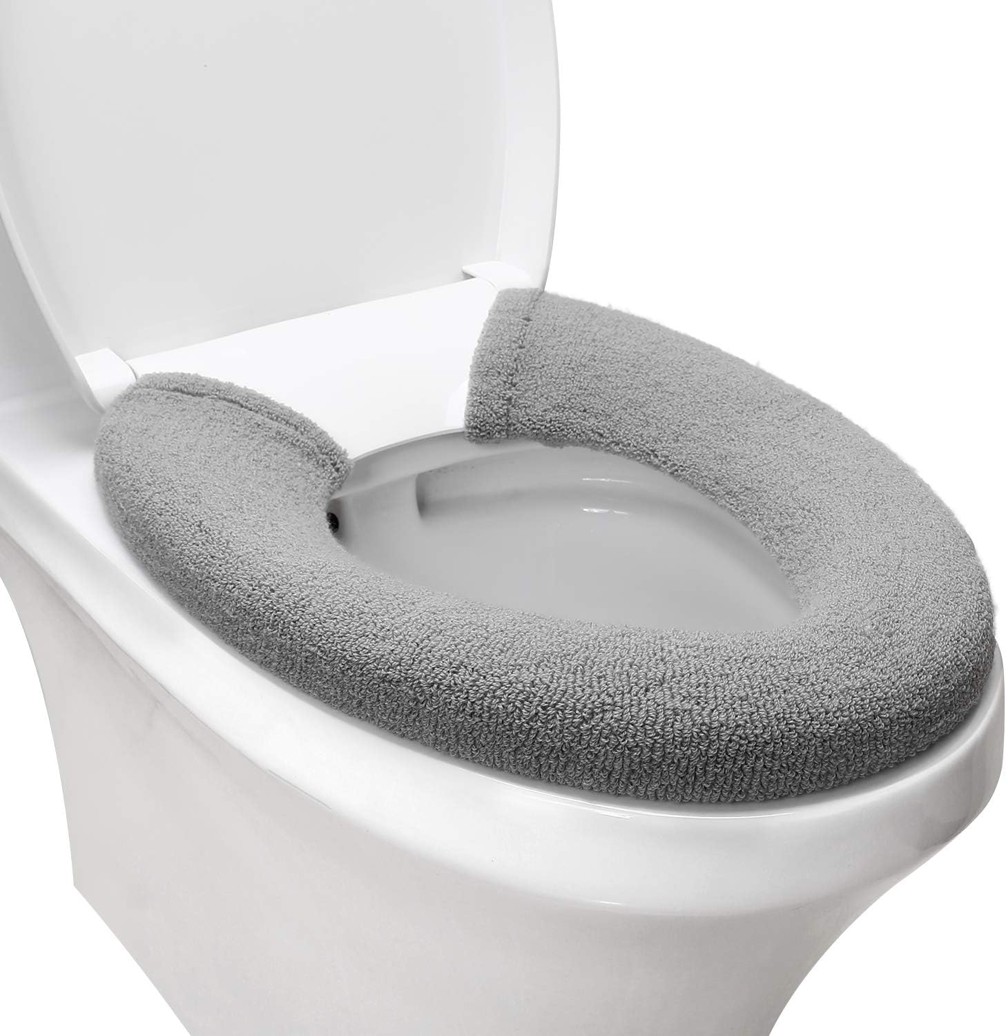Toilet Seat Cover,Bathroom Soft Thicker Warmer with Snaps Fixed Stretchable Washable Fiber Cloth Toilet Seat Covers Pads Easy Installation& Cleaning (Grey)
