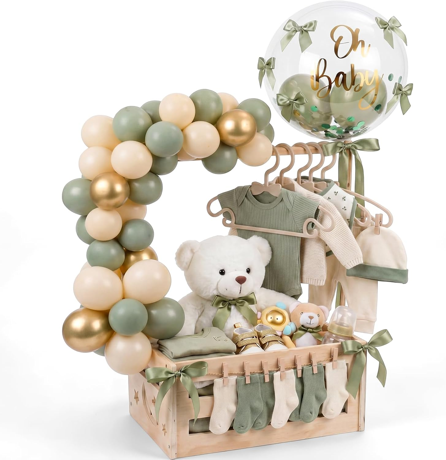 Wooden Baby Shower Crate Closet with Hanger Rack, Green Bow Baby Gifts Basket with Balloon Accessories, DIY Babies Welcome Box for Pregnancy New Parent