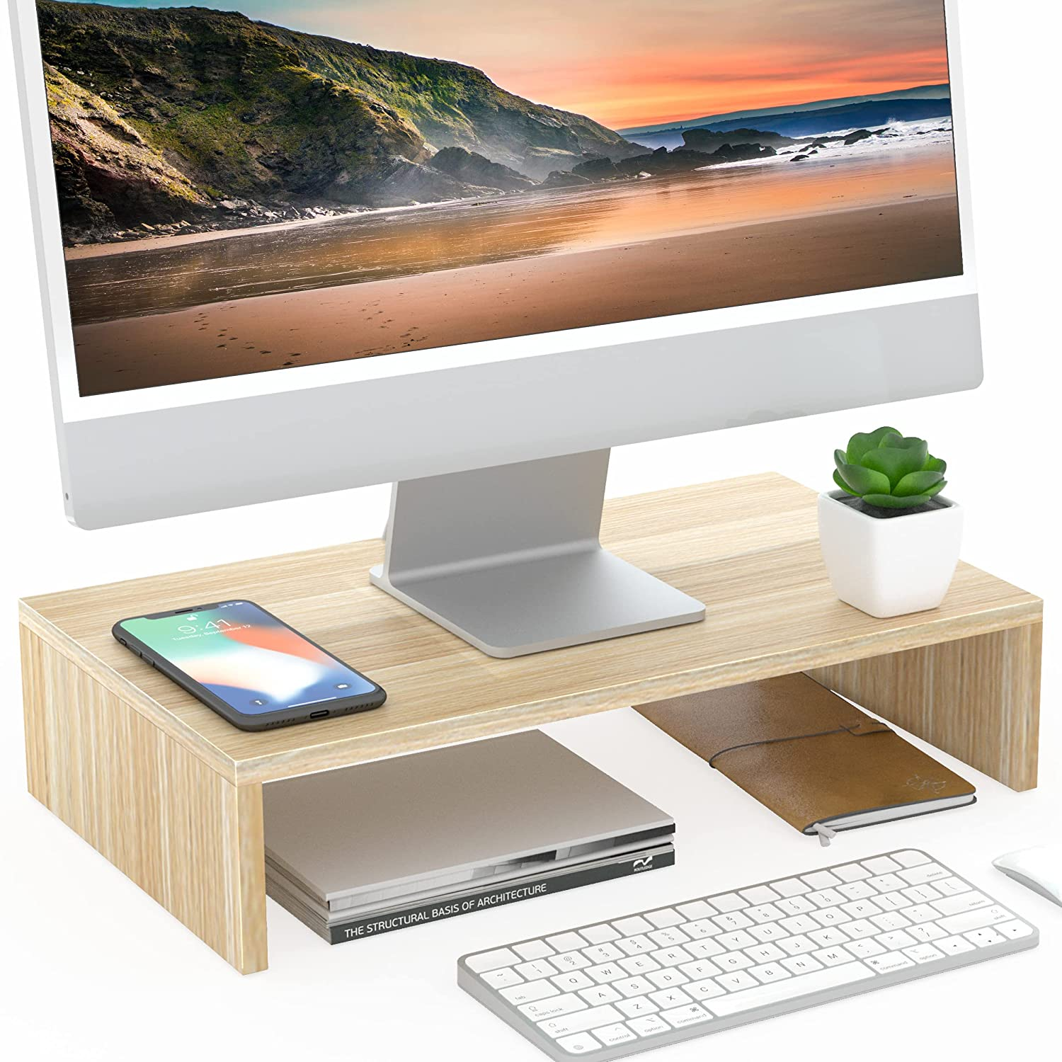Computer Monitor Riser 16.7 inch Laptop Stand Save Space Desk Organizer with Keyboard Organizer Space (Oak)