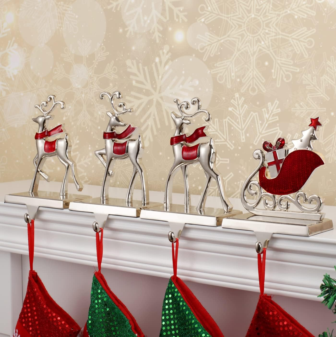 Set of 4 Reindeer Christmas Stocking Hangers for Mantel Xmas Stocking Hooks for Fireplace Mantle,Metal Free Standing Indoor Sleigh Stocking Holder for Christmas Decorations (Red Reindeer Set)