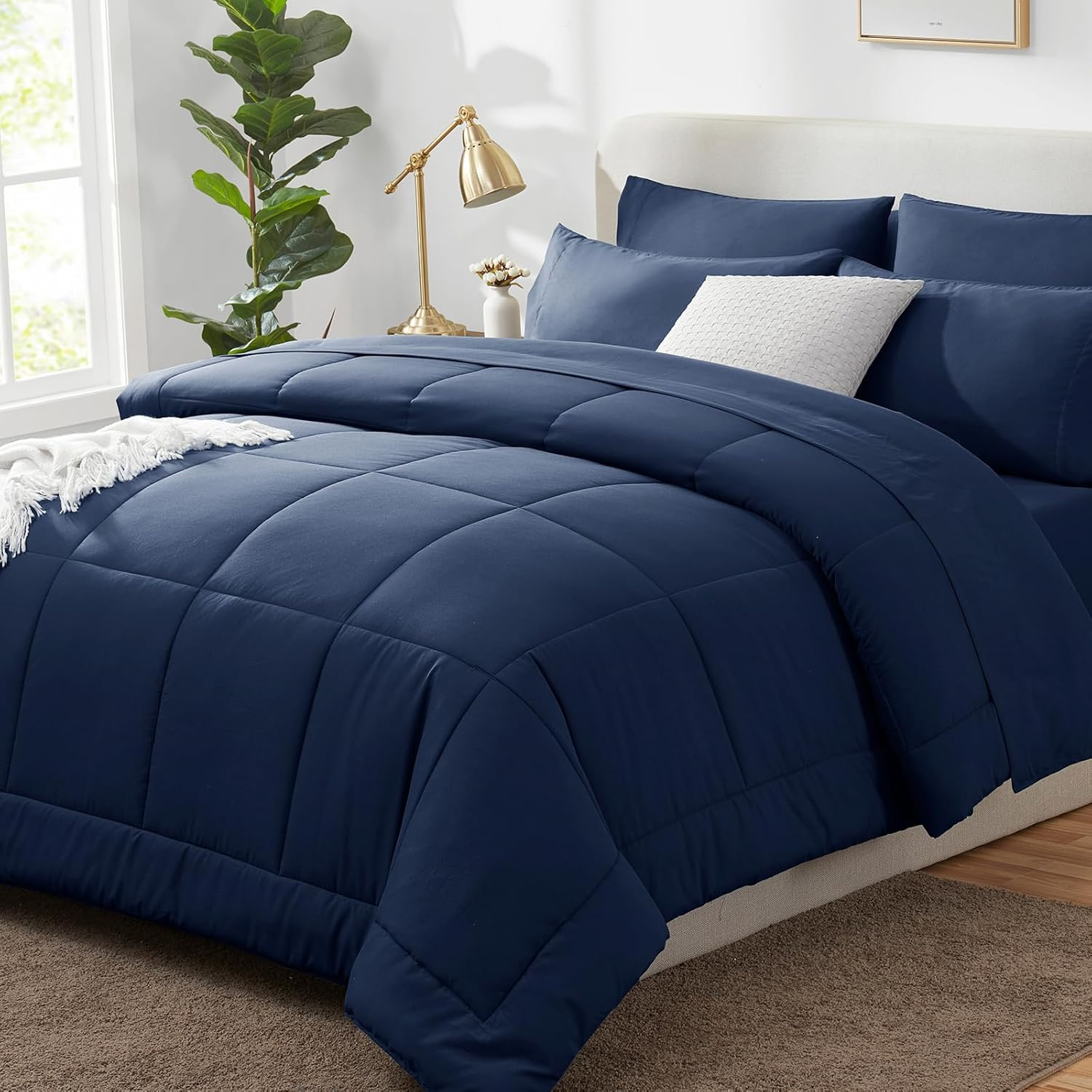 Queen Comforter Set Navy Blue, 7 Pieces Bed in a Bag, Navy Comforter Queen Size, All Season Bedding Sets with Stitch Quilted Comforter, Flat Sheet, Fitted Sheet, Pillowcases