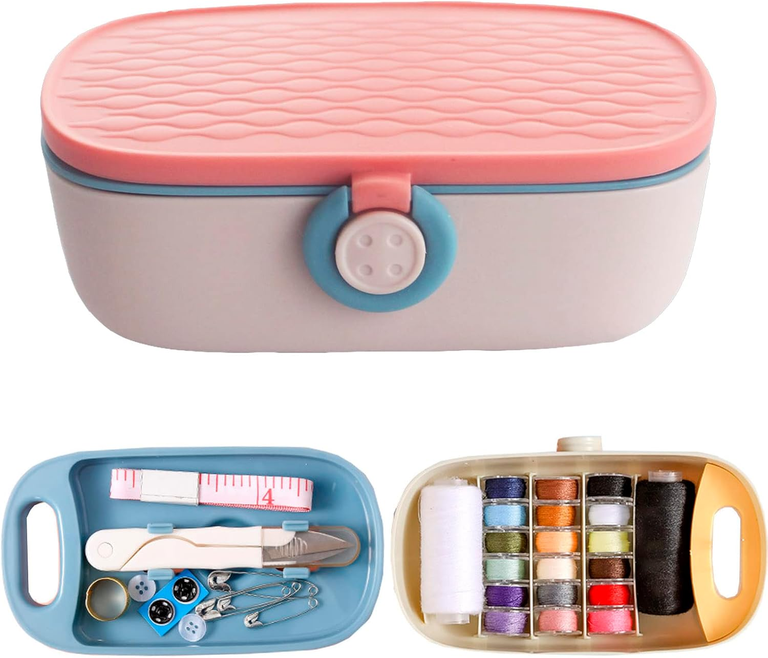 Sewing Kit, Portable Kit for Adults, Plastic Box Needle and Thread Accesories Supplies Pink 15.5X6Cm(6.1X2.36In)