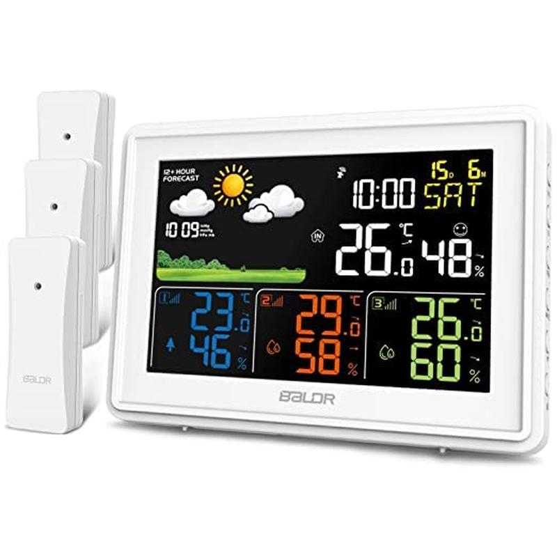 Wireless Weather Station with 3 Sensors, Color Display Digital Atomic Clocks with Indoor Outdoor Temperature