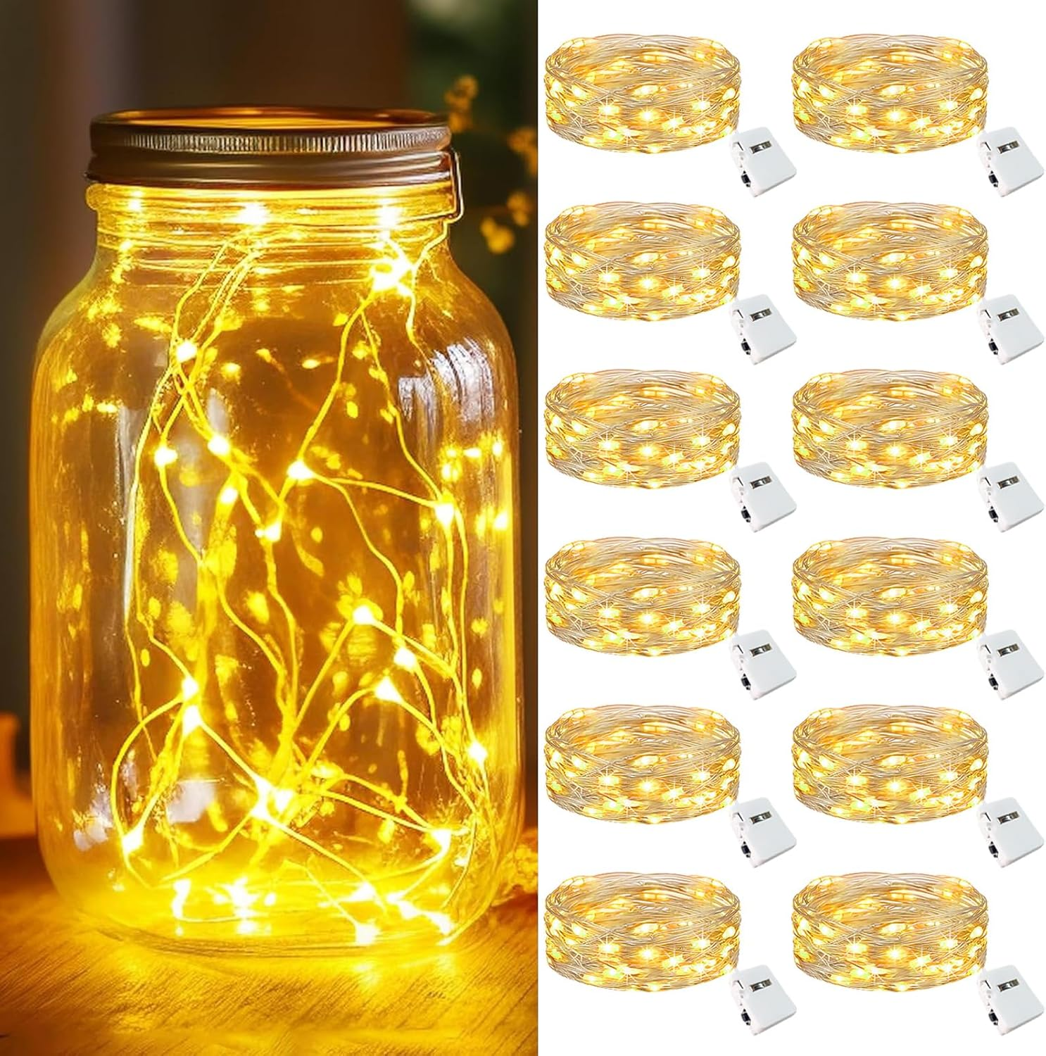 12 Pack LED Fairy Lights Battery Operated with 3 Modes, Mini Twinkle String Lights Battery Powered Waterproof for Christmas Mason Jars Party