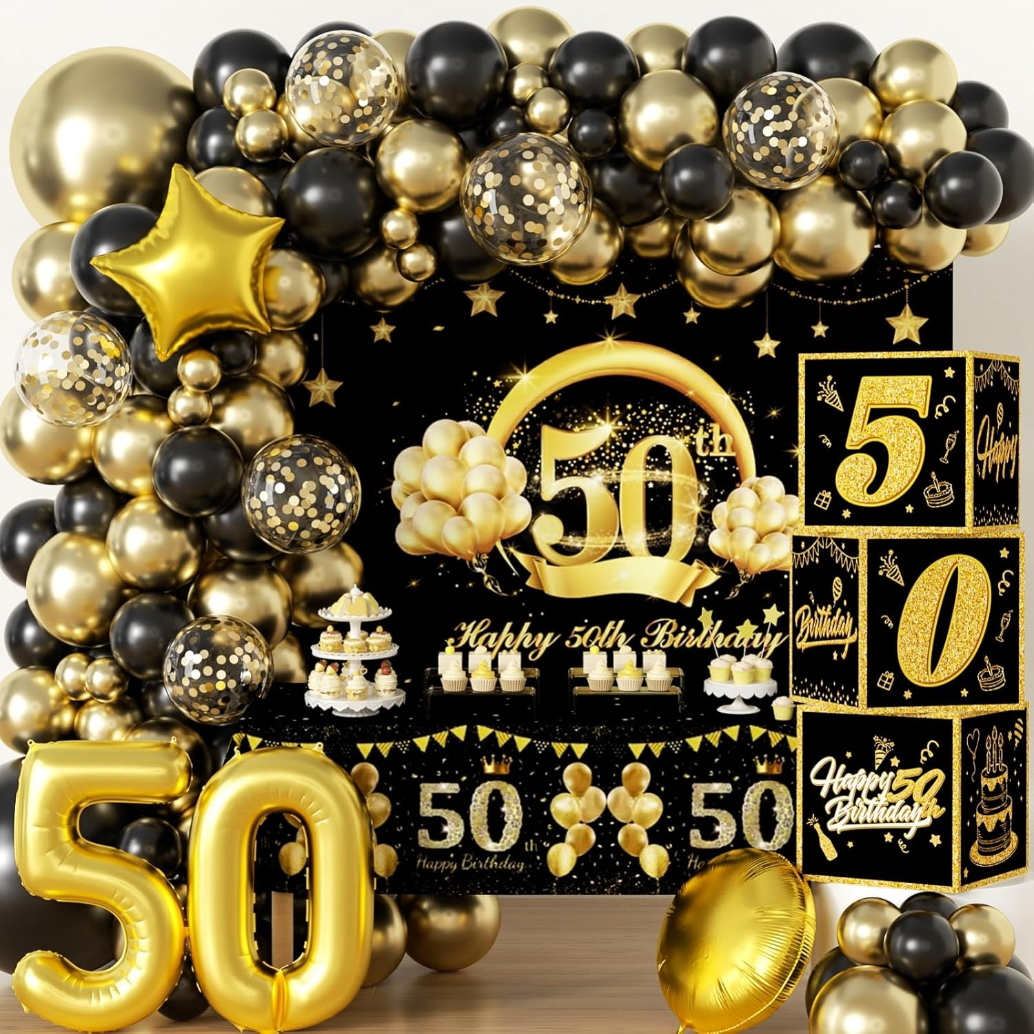 50Th Birthday Party Decorations Set Black and Gold 50 Years Old Party Supplies for Men with Balloons Garland, Backdrop, Table Cloth, Foil Balloons and 50Th Decorations Boxes