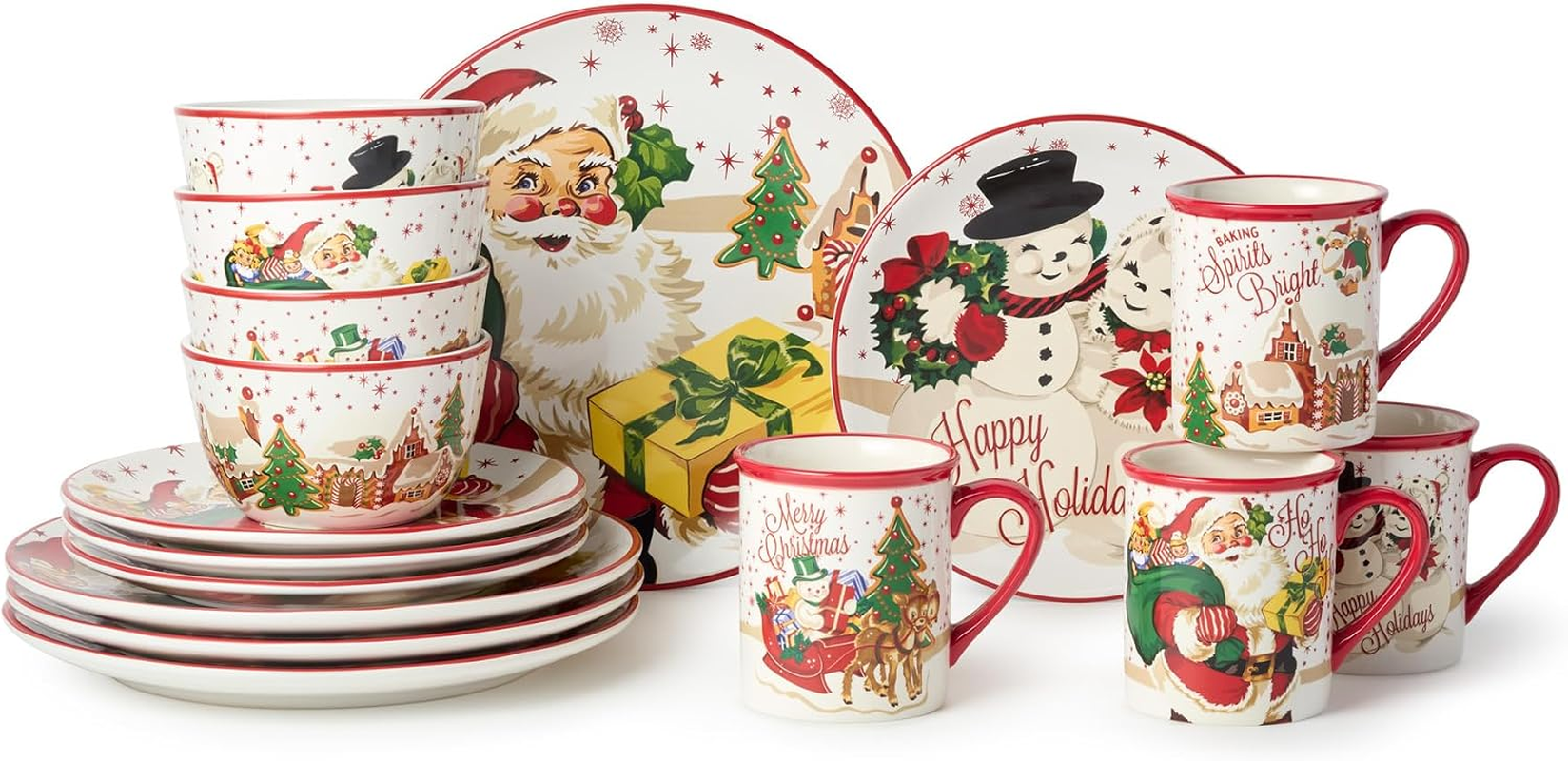 Santa’S Retro Christmas 16 Pc Dinnerware Set, Service for 4 – Holiday Plates, Bowls & Mugs with Vintage Santa, Reindeer & Snowman Art, Festive Tableware for Christmas Parties and Holiday Décor